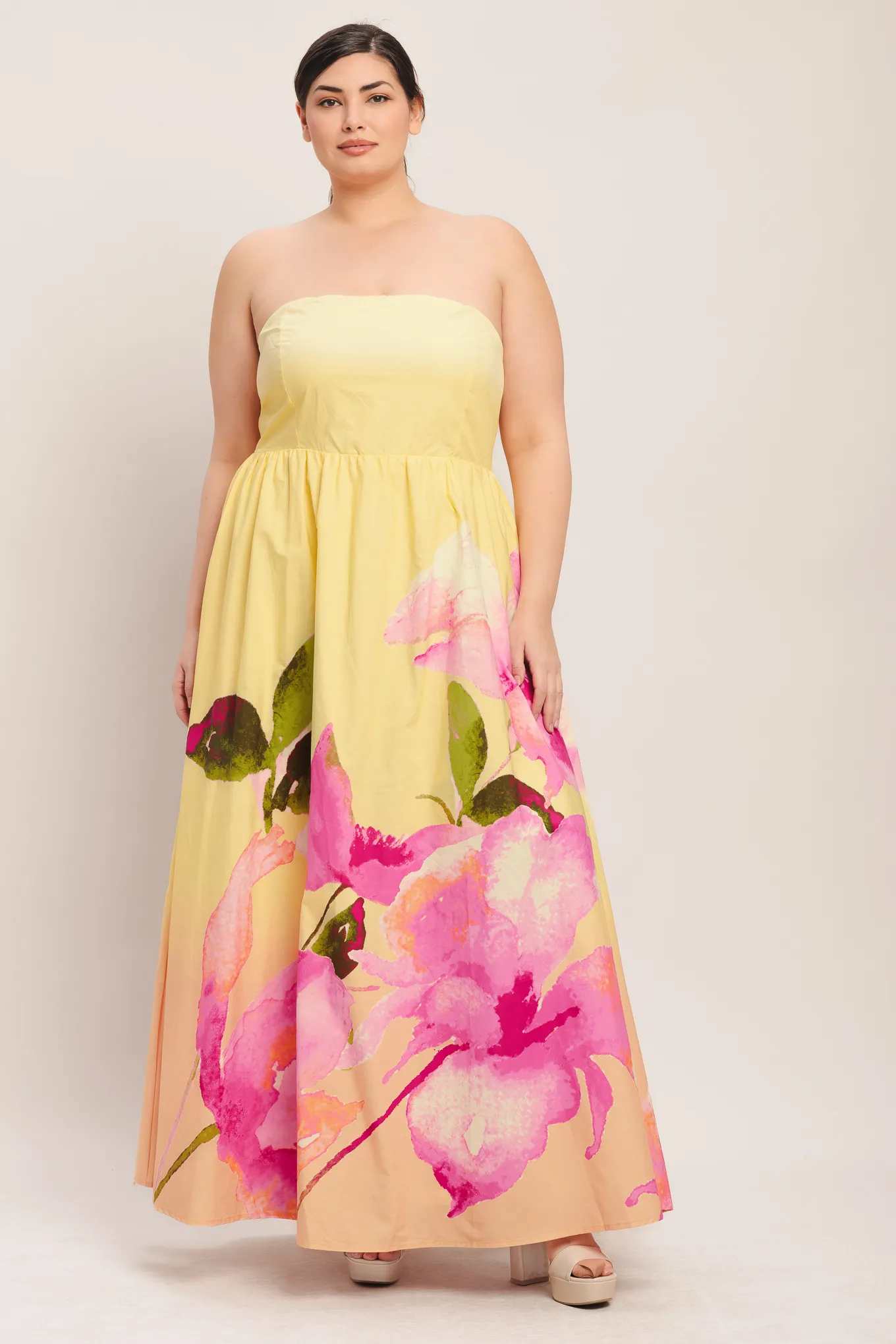 chinese dress ladies Cream Fruit and Floral Print Strapless Midi Dress